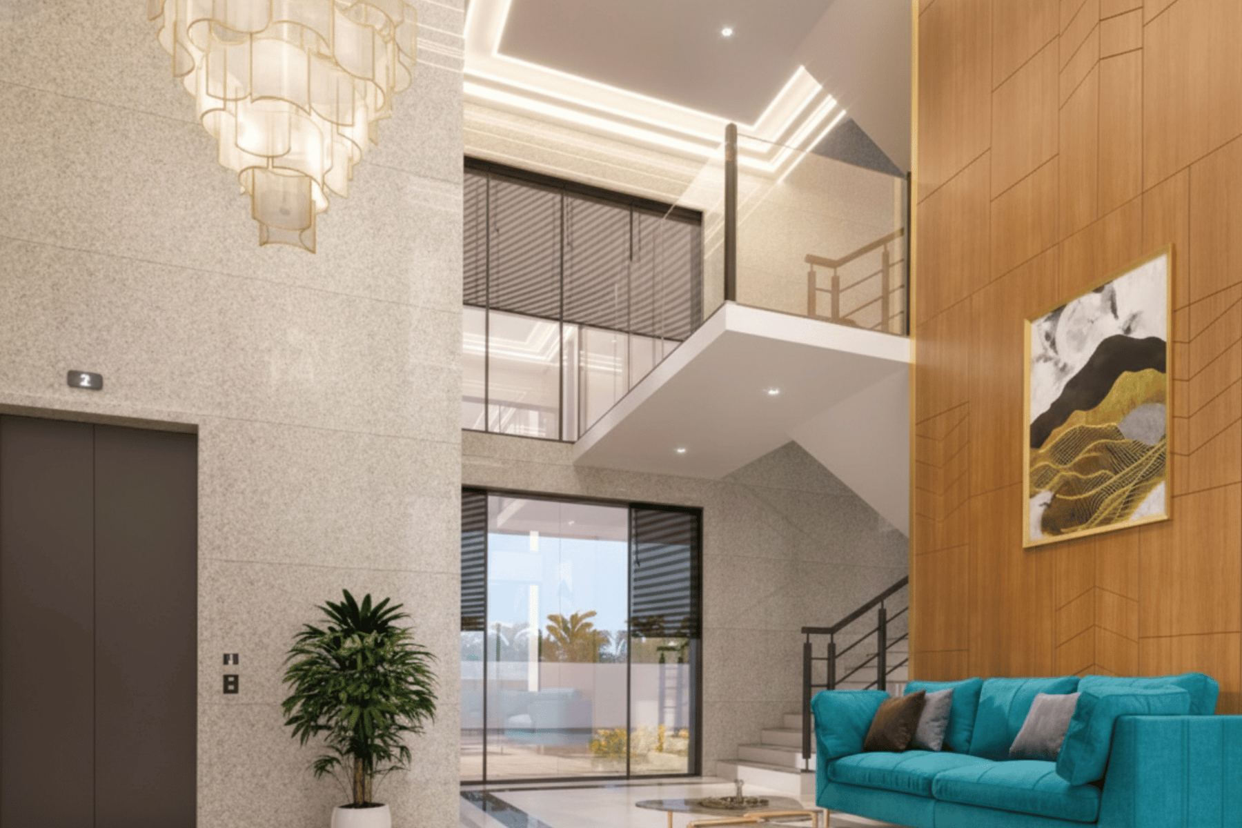 Luxury high-rise facade at dusk